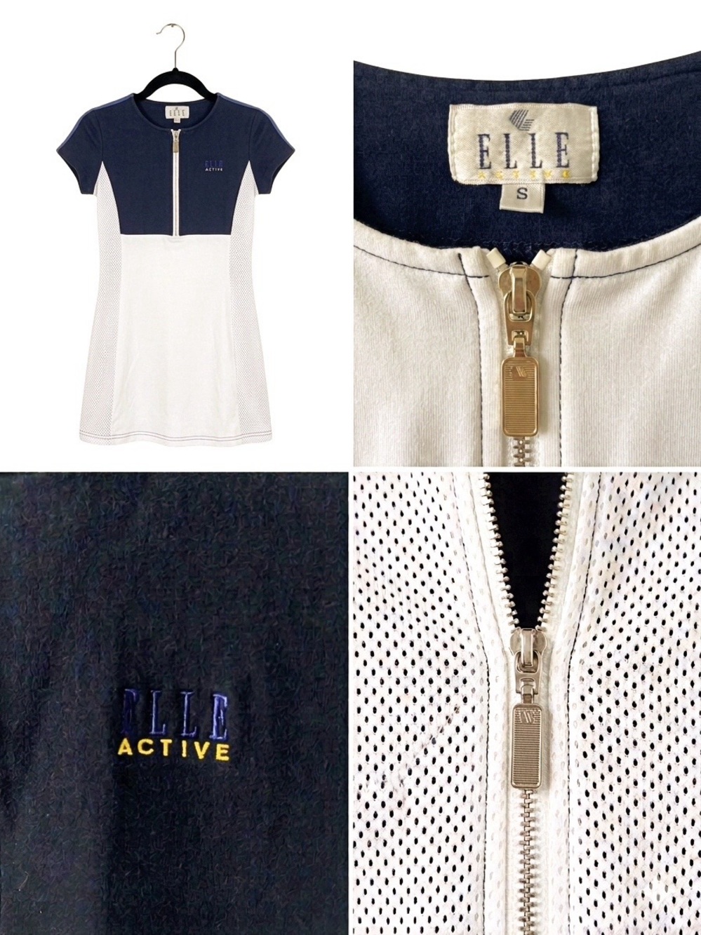 Elle Active 90s Vintage Mesh Navy White Zip-Front Tennis Active Sport Mini Dress